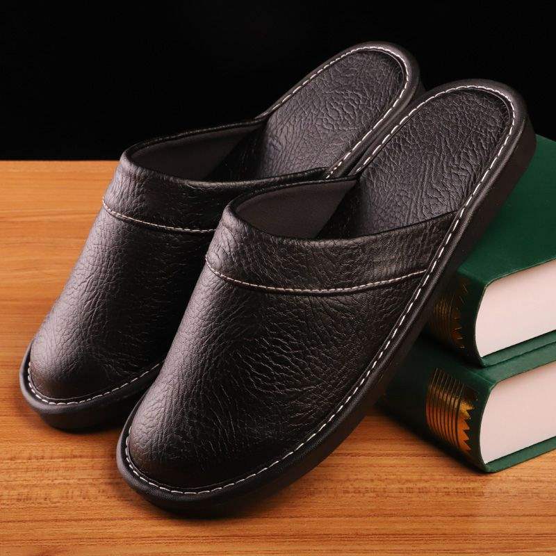 Spring and Autumn Style Lazy Thick-Soled Leather Slippers, Locker Room Slippers for Men, Stylish Home Waterproof Anti-Slip Slippers for Women