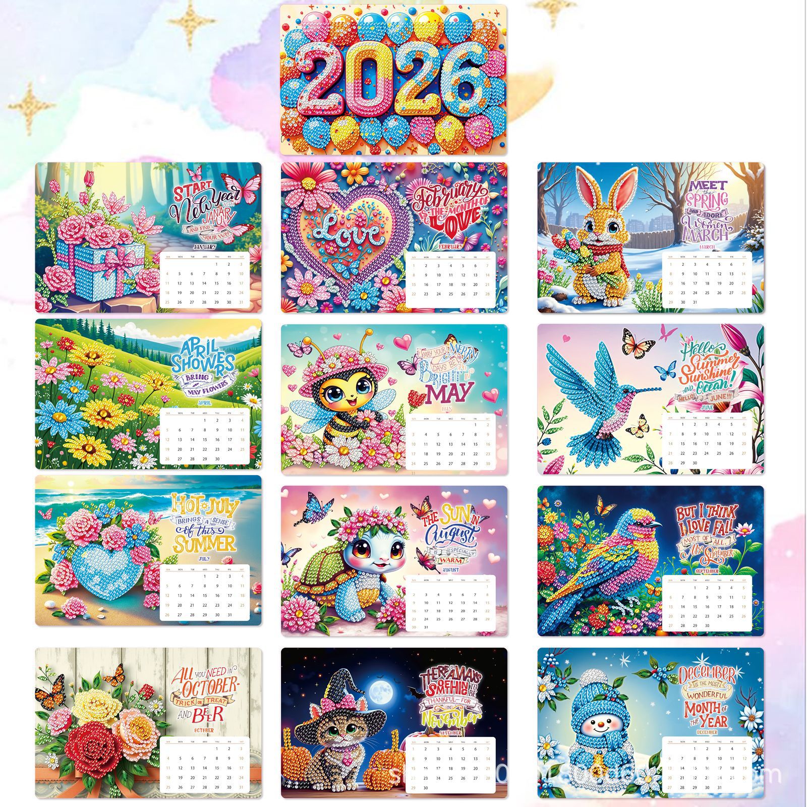 Transfronterizo 2026 calendario de escritorio dibujo de diamantes alrededor del conjunto de pegatinas de diamantes DIY hechas a mano en stock de fábrica
