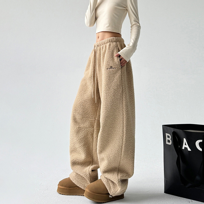 Fleece Pants Women's 2024 Winter New American Style High Waist fleece-lined Thickened Straight Casual All-match Warm Pants