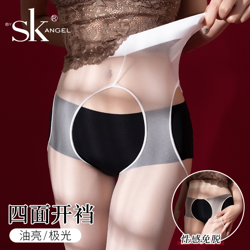 Black Glossy Sexy Four-Way Crotchless Stockings Spring and Autumn Ultra-Thin Aurora Hollow-Out No-Take-Off Female Erotic Black Stockings Sk6363
