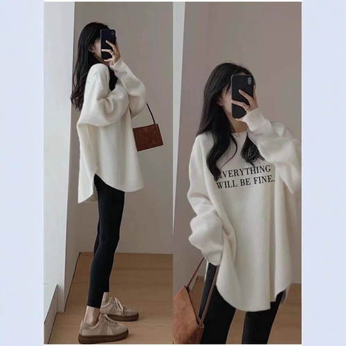 Women's White Long-Sleeve T-Shirt for Spring and Autumn/Winter, Fleece Lined, Thick, Loose Fit, Mid-Length, Bottom Covering, Layering Top, Base Shirt