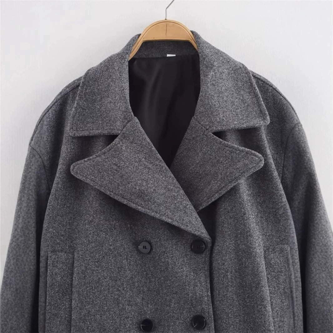 Long-Sleeve Wool Jacket, European Style, Gray, Sizes S–L
