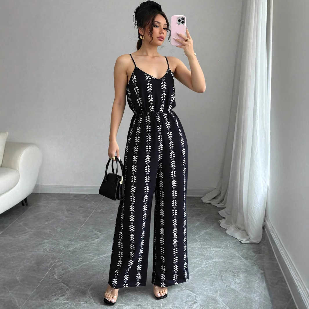 2025 European and American Cross-Border New Women's Summer New High-Waisted Drawstring Wide-Leg Pants Geometric Stripesd Printed Jumpsuit