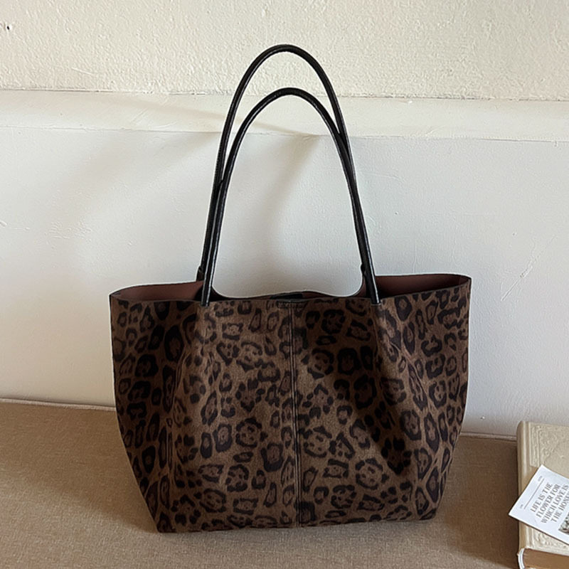 Túi tote nữ họa tiết da báo cỡ lớn, túi đeo vai kiêm túi xách tay phong cách retro — Họa tiết da báo nâu, Họa tiết da báo đen xanh
