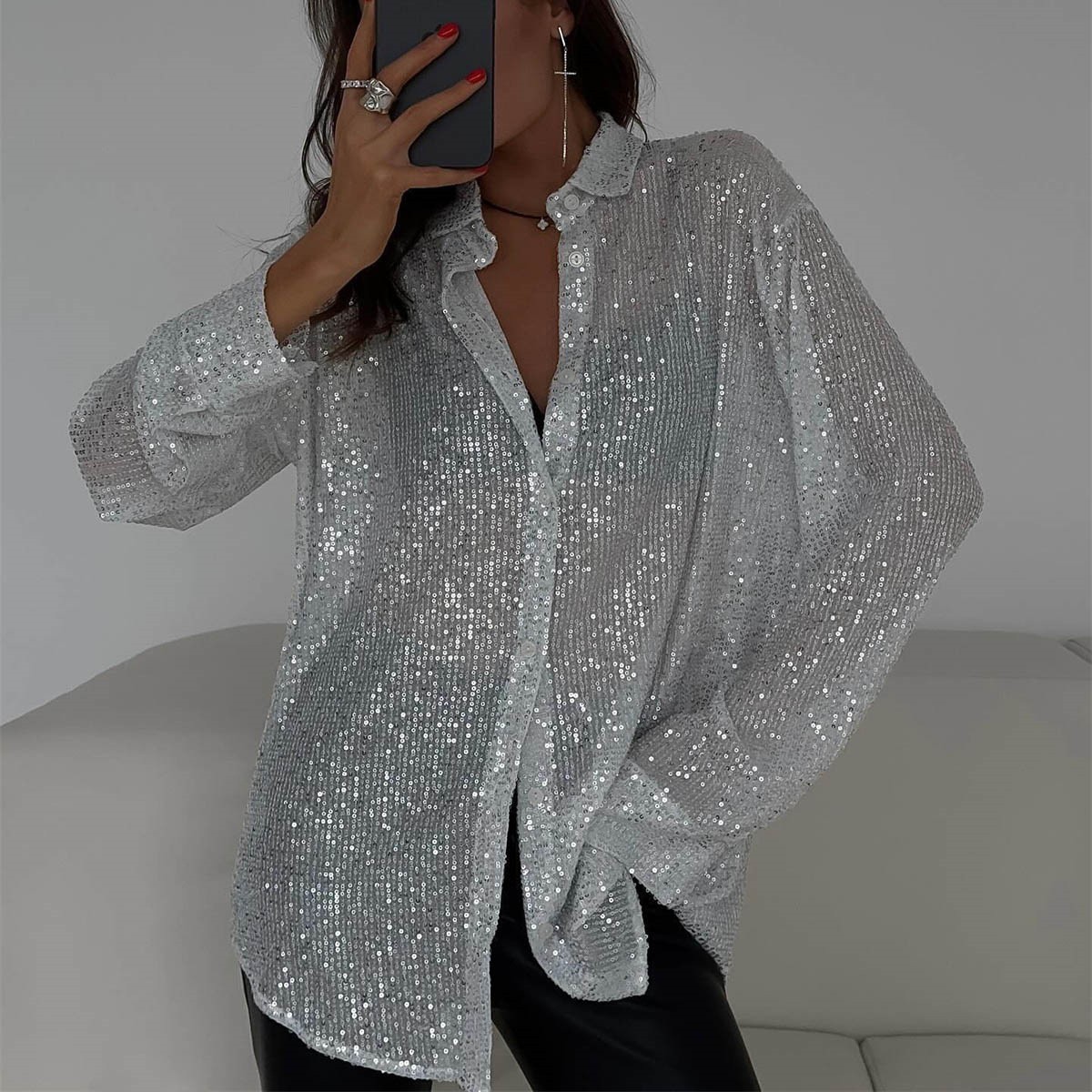 2025 Spring Summer New Sequin Top Turn-down Collar Long Sleeve Cardigan Basic Women's Shirt Jacket_voghion.com