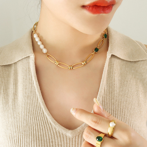 Gentle temperament retro style emerald zircon freshwater pearl splicing necklace niche personalized bracelet jewelry set