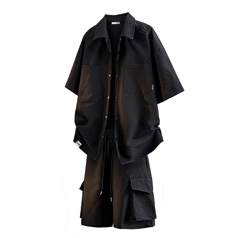 Summer Workwear Men's Large Size Suit Top Solid Color Shirt Three-Quarter Shorts American Retro Fashion Two-Piece Set Trendy Summer Workwear Men's Large Size Suit Top Solid Color Shirt Three-Quarter Shorts American Retro Fashion Two-Piece Set Trendy