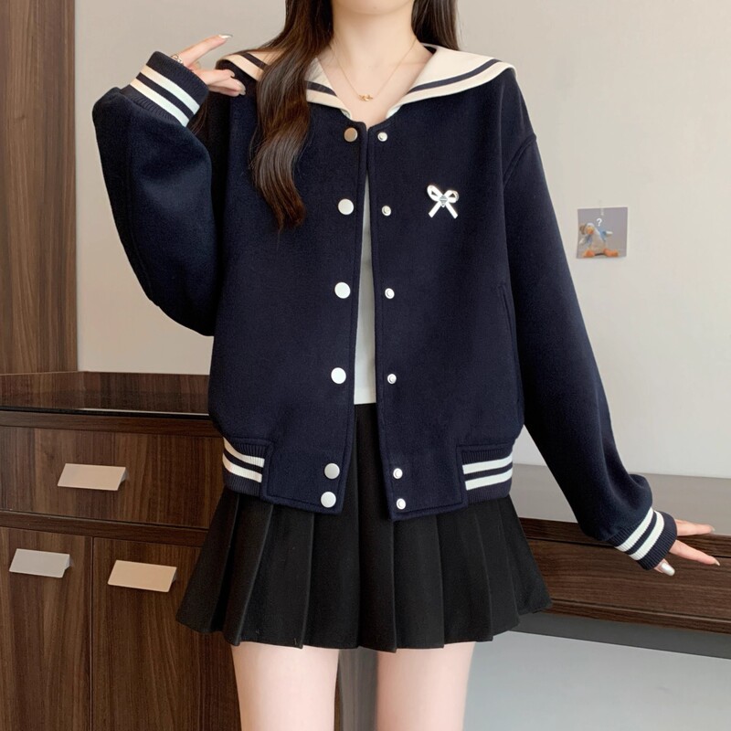 Navy Blue Navy Collar Right Shoulder Sweatshirt for Women Autumn and Winter New Style Plus Size Fat mm Loose Casual Slim Jacket Top