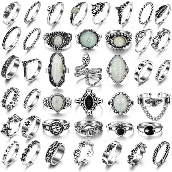 Vintage-Style Oil-Drip Ring Set for Cross-Border Sales, Featuring Black Diamond, Skull, Flower, and Butterfly Designs, Made of Alloy and Antique Silver, Suitable for Both Men and Women