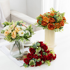 秋色卷邊枚仿真花玫瑰婚慶裝飾 婚禮手捧花玫瑰假花餐桌花藝擺件