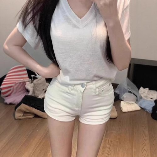 Petite American-style spicy girl white denim shorts women's summer high-waisted elastic tight slimming butt-bounding hot pants