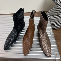 2025新款靴子女时尚欧美风方头编织粗跟短靴女后拉链瘦瘦靴单靴