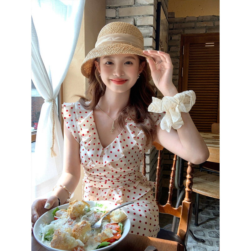甘くて爽やかなショートフライングスリーブVネック水玉トップスとスカートスーツ女性用夏フレンチスタイル2点セット|undefined