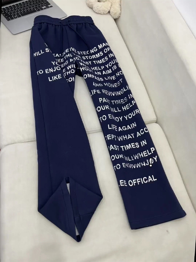 藏蓝色满印字母休闲裤子男松紧腰阔腿裤cleanfit垂感直筒运动卫裤
