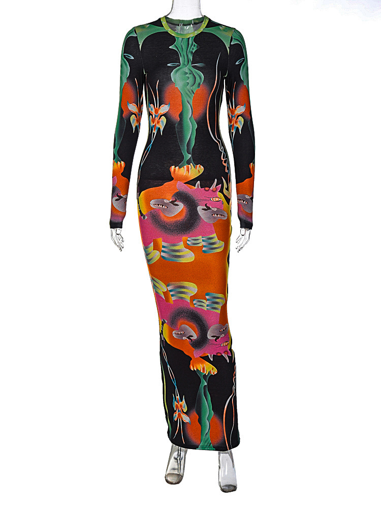 Robe longue imprimée pour femmes, nouvelle mode automne 2024, coupe ajustée, col rond, manches, tempérament_voghion.com