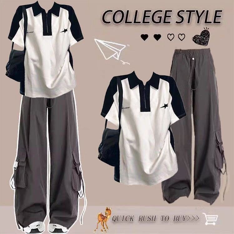 Student Fashion Set: Trendy Girl's Polo Short-Sleeve T-Shirt and Loose Cargo Pants Sports Summer Two-Piece Set Student Fashion Set: Trendy Girl's Polo Short-Sleeve T-Shirt and Loose Cargo Pants Sports Summer Two-Piece Set