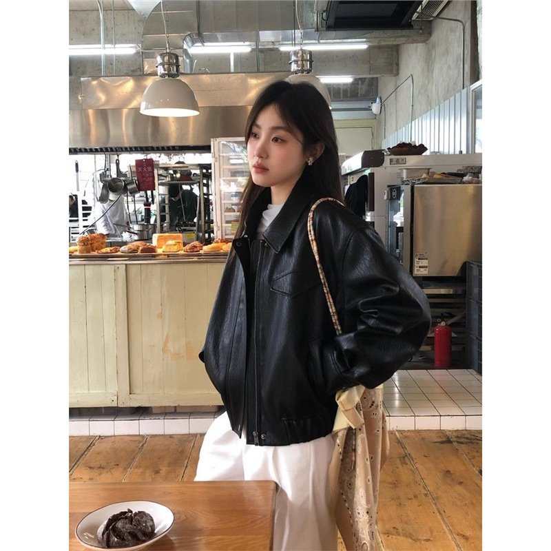 黑色皮衣春秋新款高街潮显瘦百搭高级韩版复古翻领机车皮女款夹克|undefined