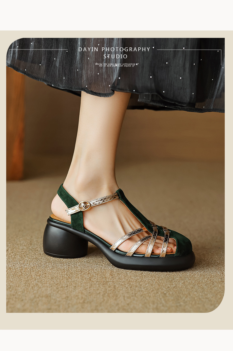 Sandal nữ da lộn quai mảnh dệt, mũi kín khóa chữ T, gót cao đế dày — Màu đen chi tiết 5