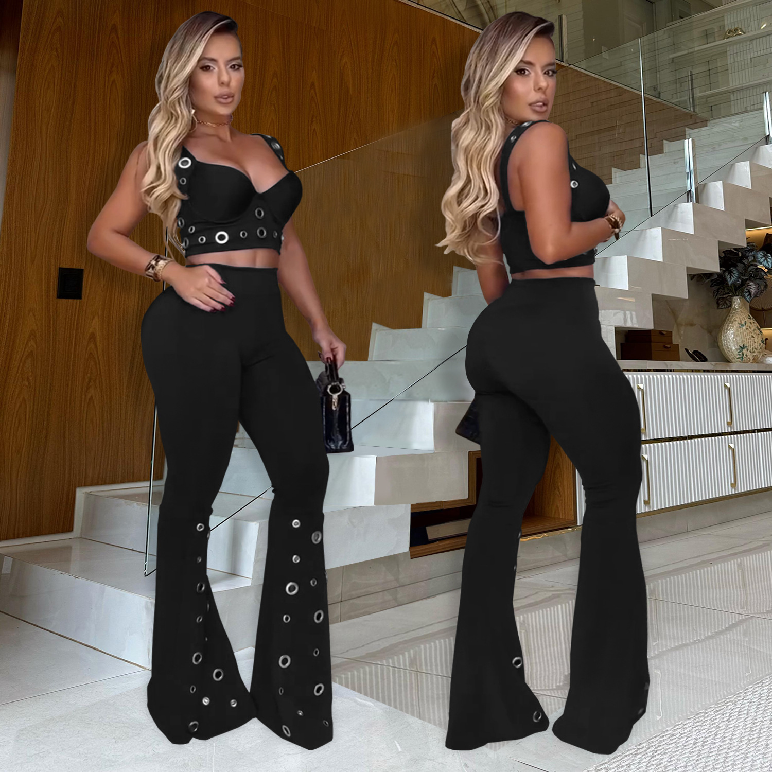 C7451 Cross-border AliExpress Amazon Moda europea y americana Ropa de mujer Temperamento Sexy Top Pantalones anchos Traje de dos piezas image 4