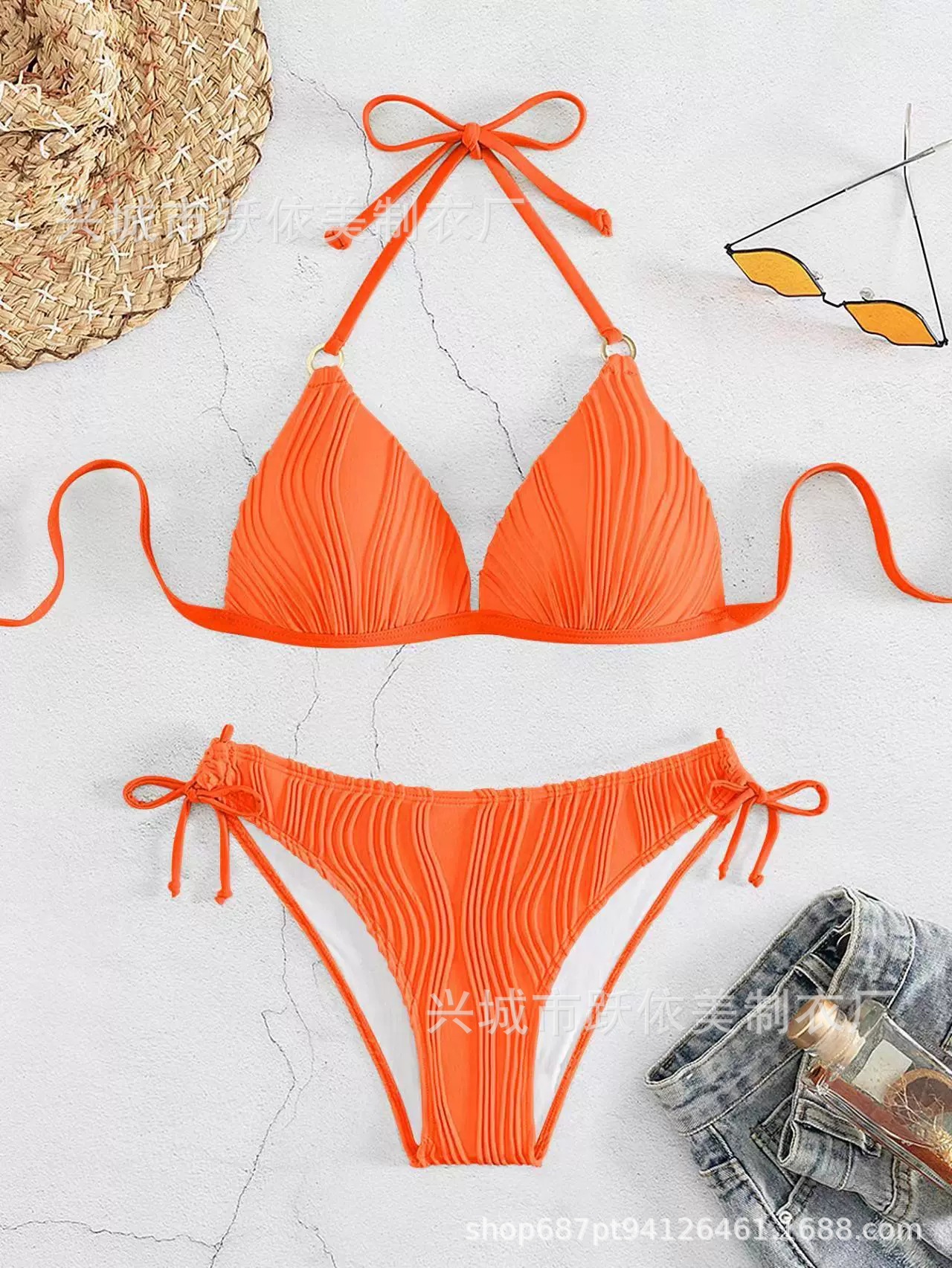 欧美新款游泳衣跨境性感分体带胸垫比基尼糖果色波浪法式三点详情10