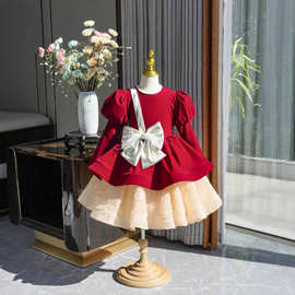 女童公主裙冬装2025新款儿童法式丝绒礼服裙女孩蝴蝶结蓬蓬连衣裙
