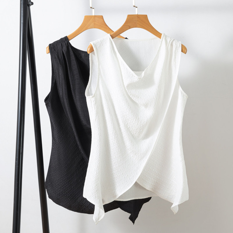 Silk Ruched Collar Sleeveless Vest for Women, Unique Design, Loose Fit, Slimming Blouse, Mulberry Silk Bubble Crepe Top for Summer