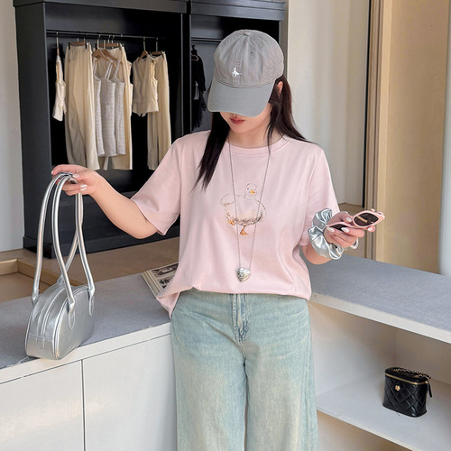 Eno Plus Size Women's Duck Embroidered Round Neck T-Shirt 2025 Summer New Loose Slimming Top 232131
