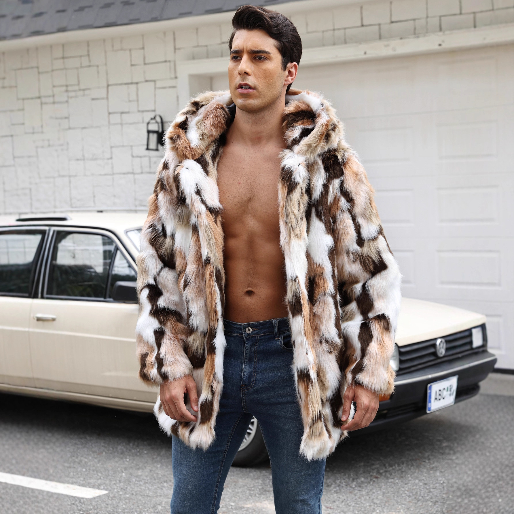 Amazon Cross-Border European and American Popular Men's Imitation Fur Tops Mid-Length Warm Plush Outwears Autumn and Winter Outwears