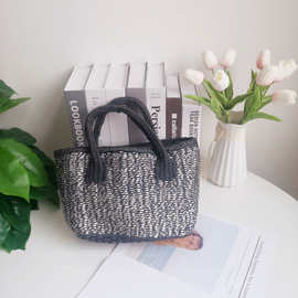 斑纹手提草编包 复古休闲风手拎包 百搭时尚淑女条纹编织包批发