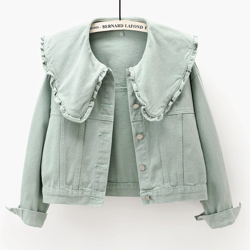 2024 Spring New Versatile Slim Fit Navy Collar Denim Jacket Women's Short Casual Solid Color Outerwear Top
