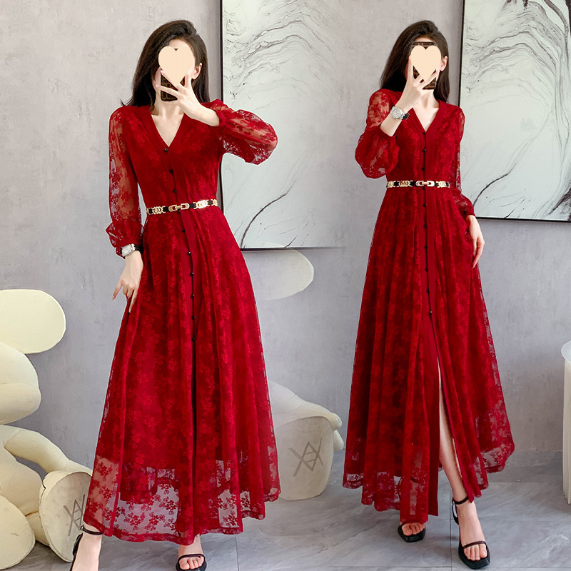 2023 Real Shot of New Women's Clothing, New Chinoiserie Lace and Ankle-Length Extra Long Floor-Length Dress