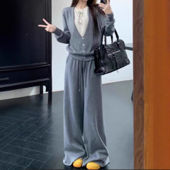 休闲套装女V领假两件上衣女长袖毛衣女2025秋季高腰阔腿裤两件套