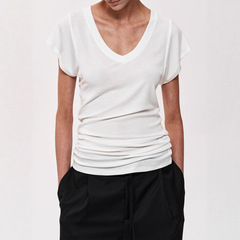 TH～ROW テンセルウール シンプルスタックデザイン 大きめVネック半袖Tシャツ スリム鎖骨露出トップス