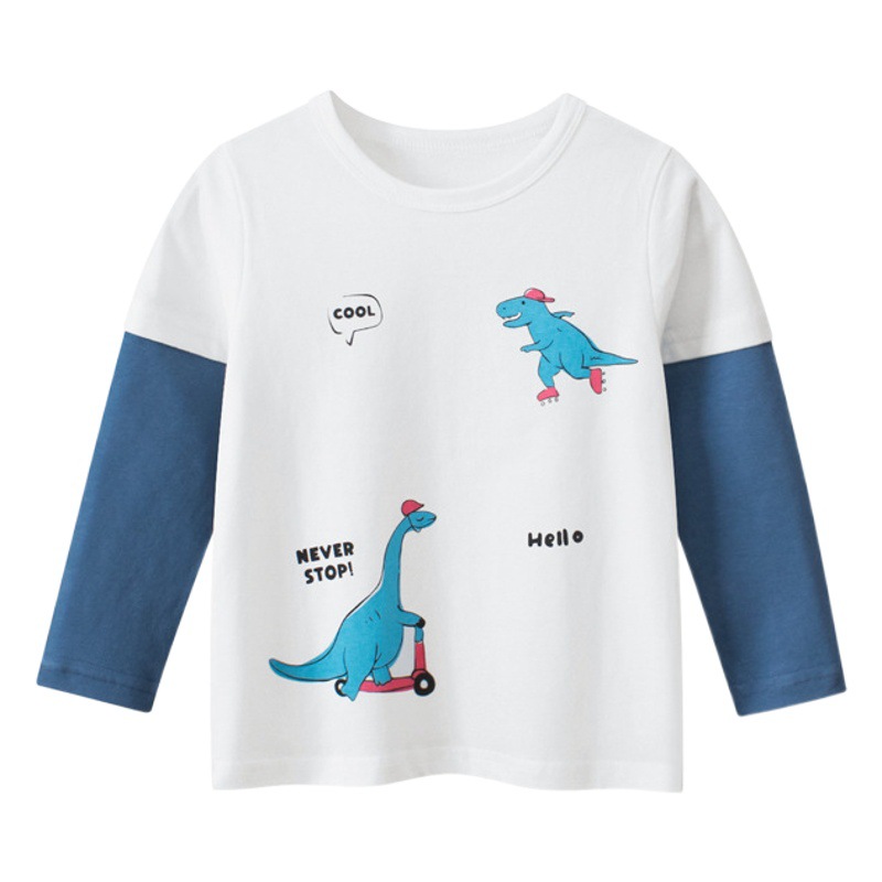 27 niños ropa infantil transfronteriza ropa de bebé falso de dos piezas de los hombres de manga larga Camiseta dinosaurio de dibujos animados camisa de fondo entrega de una sola pieza