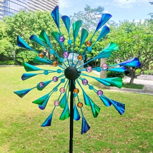 Wrought Iron Large Windmill with Trumpet Leaves, Glass Ball Solar Light, Led Color-Changing, Ground-Mounted, Double-Sided Three-Dimensional Windmill