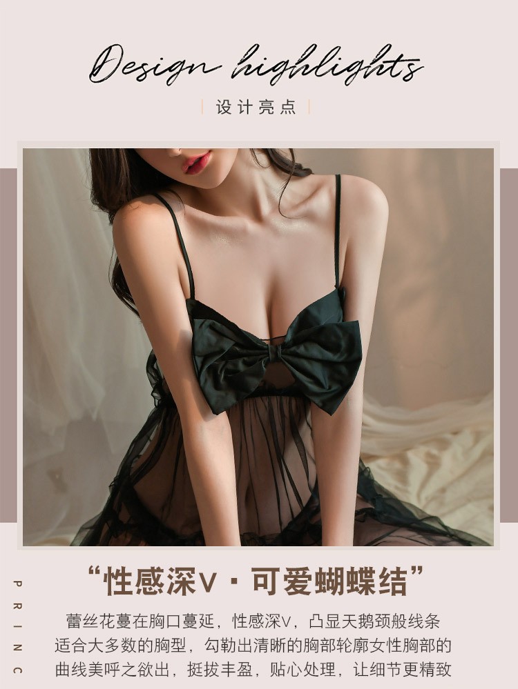 Sheer Bowknot Strap Nightdress with Open-Crotch Design and Black Stockings — detail image 9
