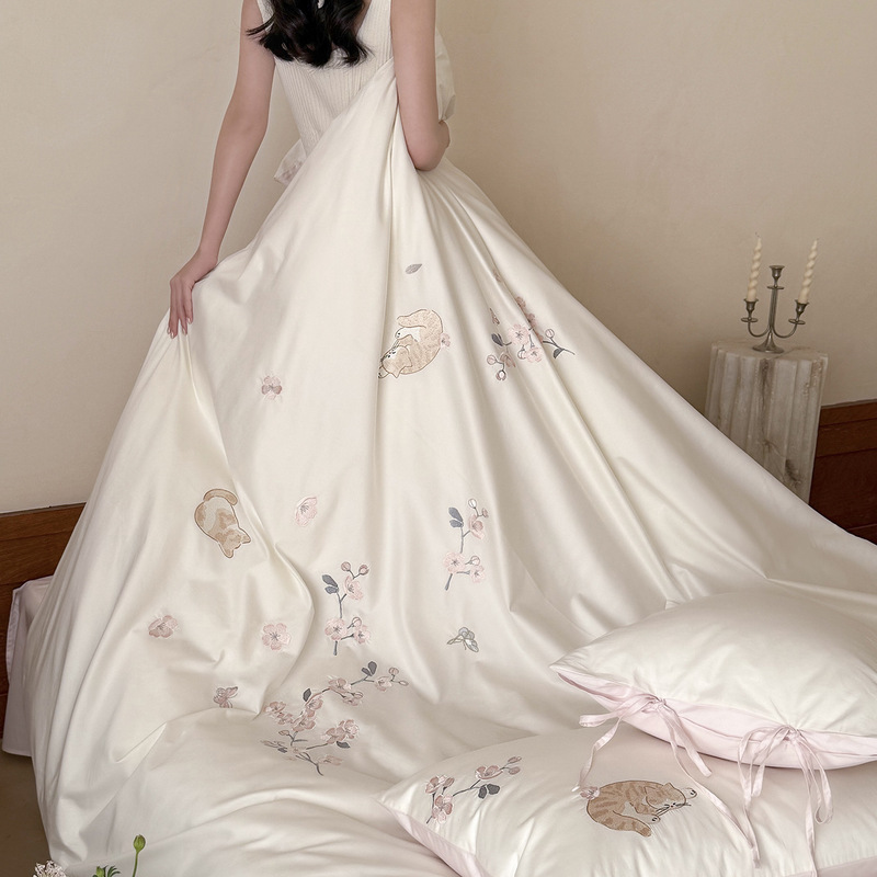 Long-Staple Cotton Precision Embroidery Series Four-Piece Set 2026 Spring New Product 100S Yoyo Cat Nest Cute Light Luxury Embroidery
