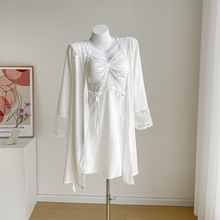 纯欲风睡裙女士春秋季冰雪丝吊带胸垫短裙长袖睡袍两件套性感睡衣