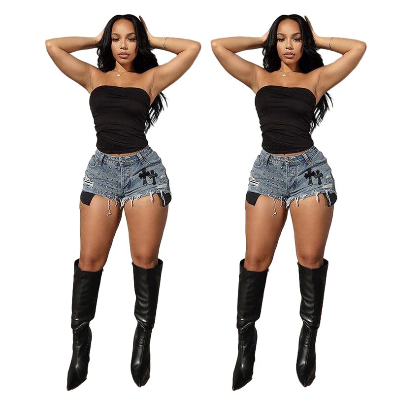 New Denim shorts F88546 in stock European and American Amazon cross-border hot selling beaded Denim stretch shorts