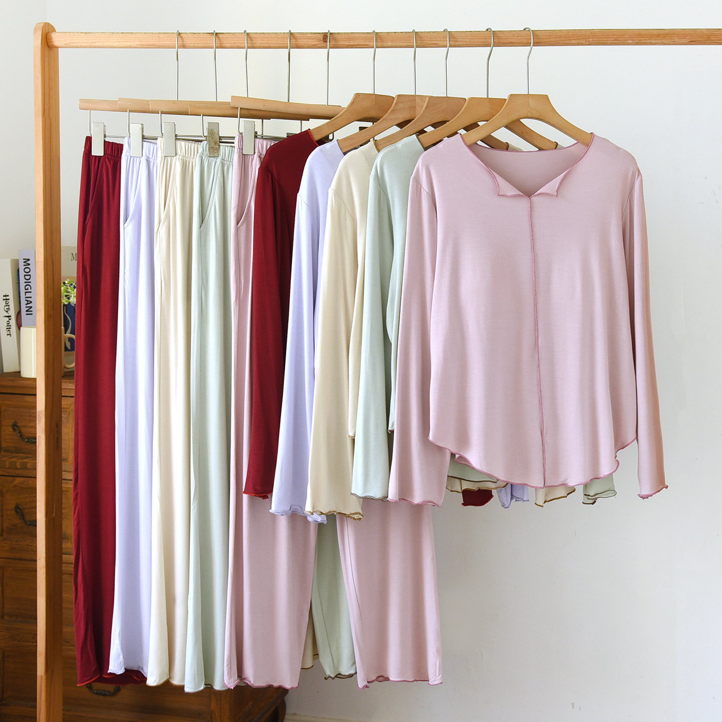 Long-Sleeved Pants Pajamas with Breast Pads for Women Spring and Autum Modal Loose Home Clothes Bra-Free Can Be Worn Outside the Suit