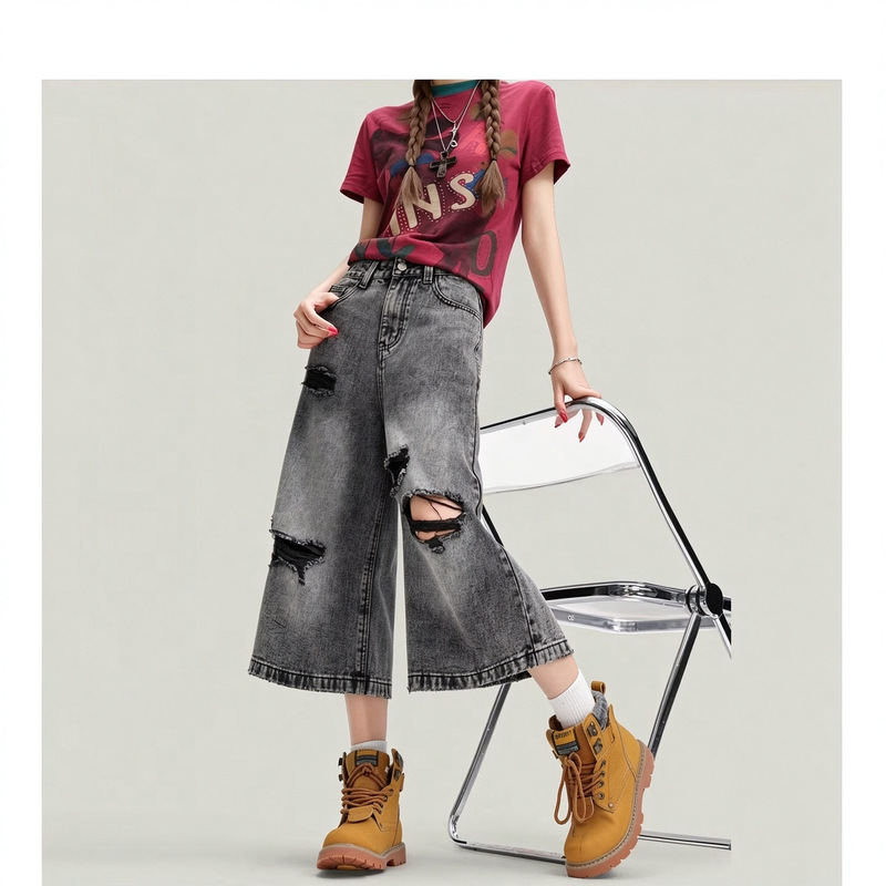 American-style frayed and ripped design, straight-leg, plus-size 5XL denim pants for women, new summer collection, retro-style cropped pants American-style frayed and ripped design, straight-leg, plus-size 5XL denim pants for women, new summer collection, retro-style cropped pants