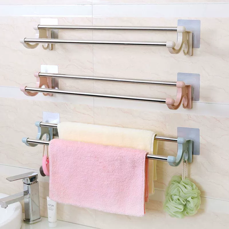 Stainless steel multi-purpose towel rack with hooks, no drilling, various sizes, durable design