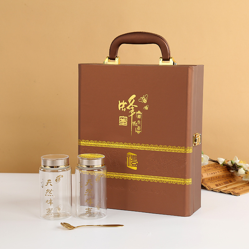 携帯用蜂蜜ギフトボックス包装、金箔押しつや消し革箱、二本入り、1.0kg種類の薬草、野生特産品、ビジネスギフトボックス|undefined