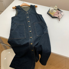 2023早秋韓版ゆるいvネック単列ボタン痩せデニムベストワンピース高級感減齢ワンピース