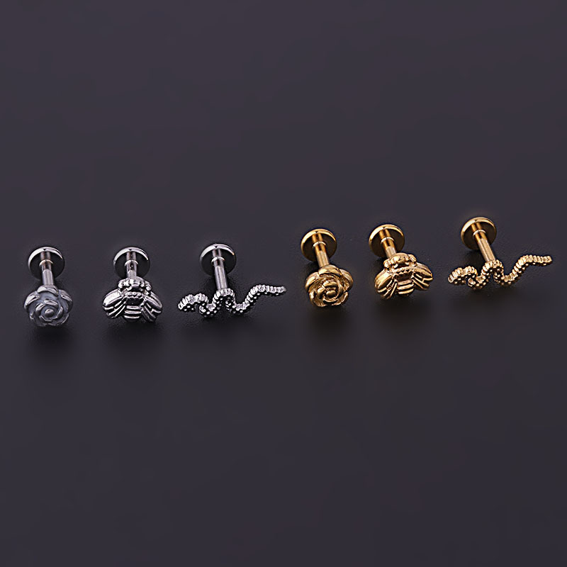 Stainless Steel Flower Insect Snake Shape Internal Thread Ear Bone Stud Piercing Jewelry