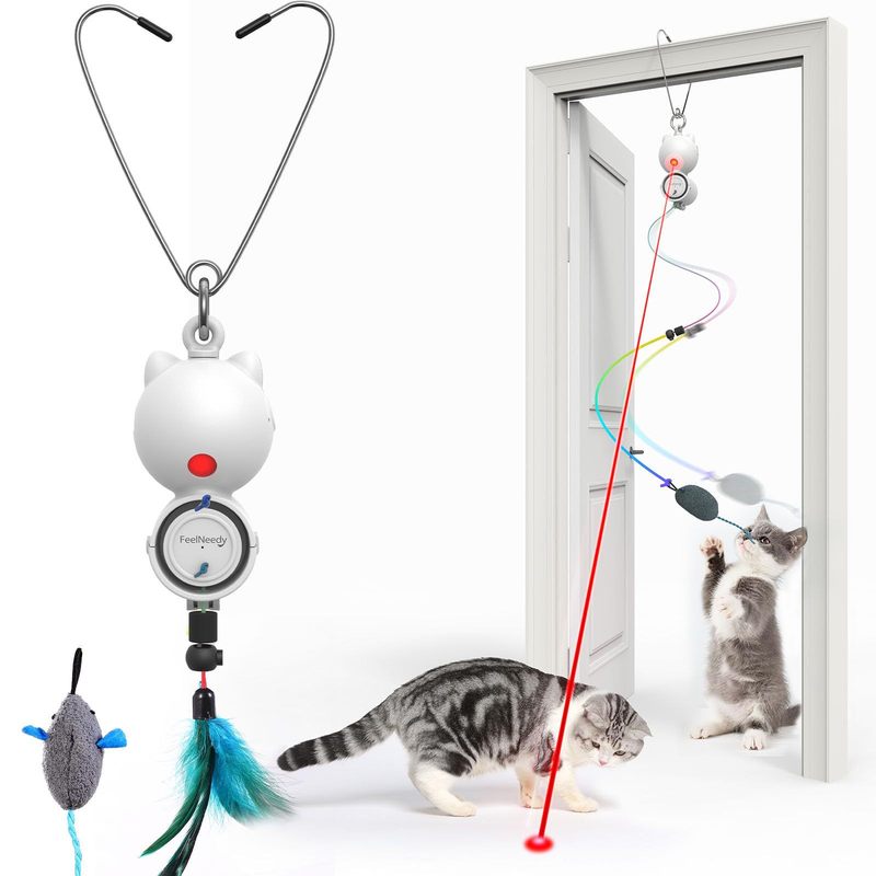 猫咪互动玩具 挂门式LED红外逗猫器 羽毛+仿真老鼠组合 室内宠物|undefined