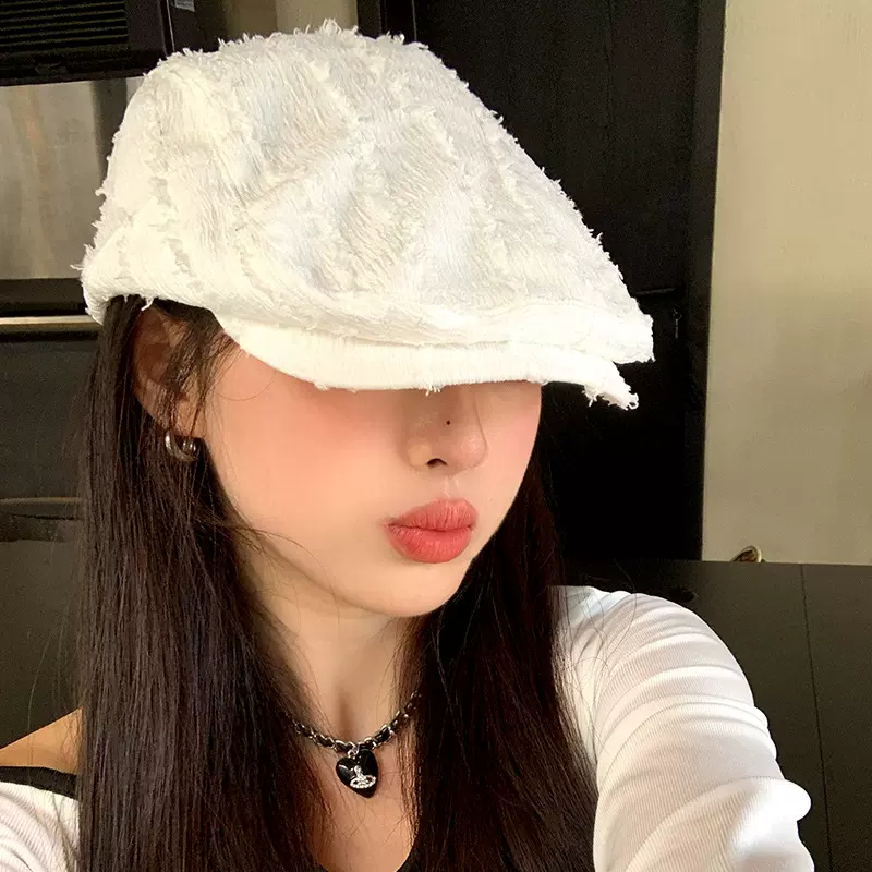 新款日系小众毛边前进帽女春夏百搭纯色贝雷帽文艺复古报童画家帽