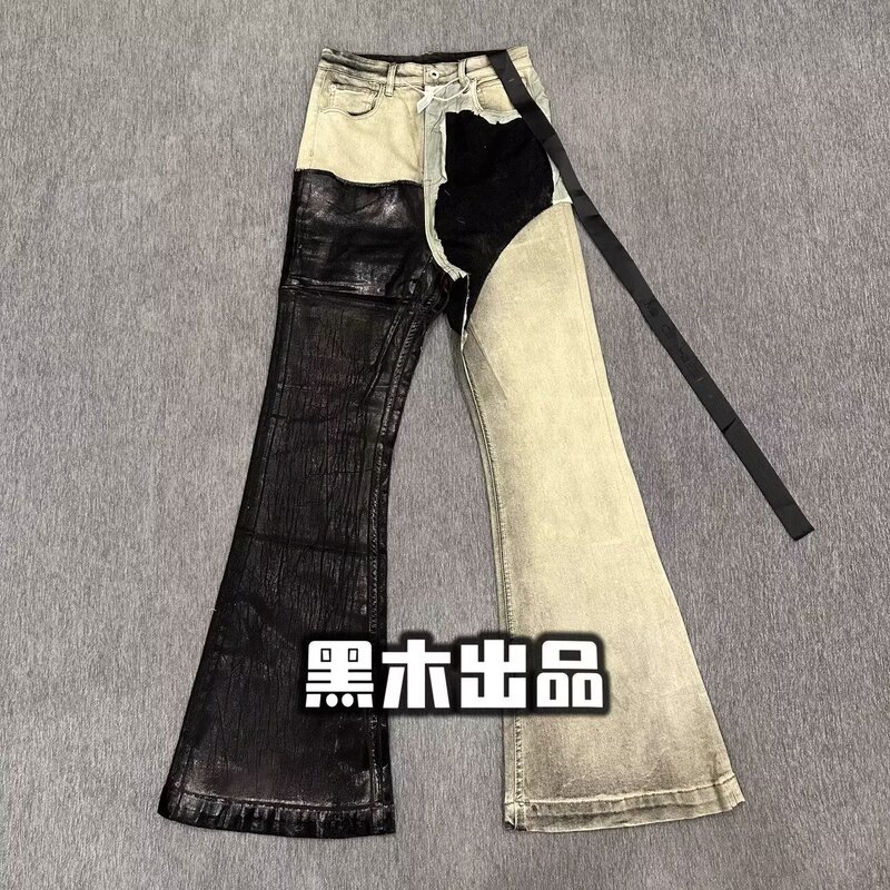 Cross-Border Ro Style Vintage Washed Patchwork Coated Waxed Flared Niche Stacked Jeans Men's Versatile Long Pants