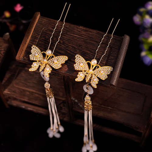 Hanfu butterfly hairpin with tassel, bright pearl, traditional ethnic style, ancient Tang style, exquisite and versatile pearl U-shaped hair accessory
