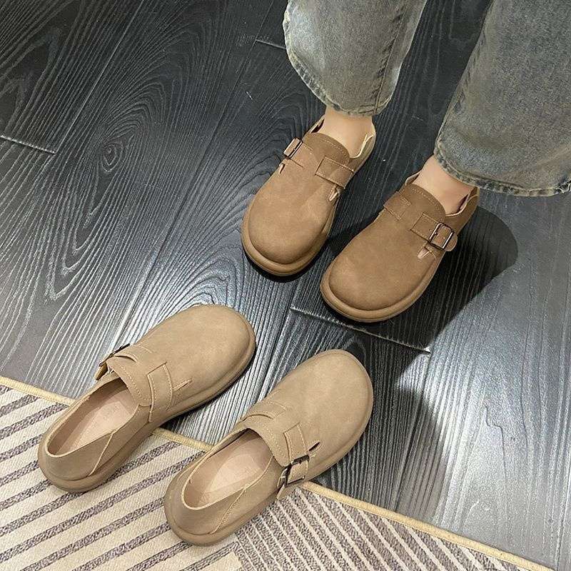 软皮勃肯鞋女2025懒人宽头两穿平底鞋一脚蹬豆豆鞋女复古百搭单鞋|undefined